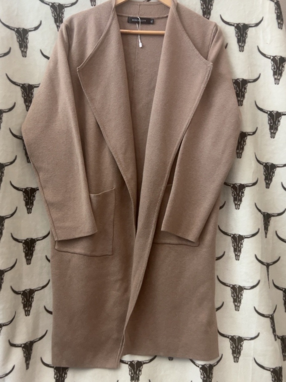 MEROKEETY Long Open Front Cardigan Coat Women’s XL Taupe Wool Blend Pockets